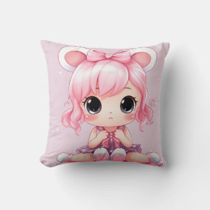 Pink Bow, Purple Dress, Big Eyes Cartoon Cushion