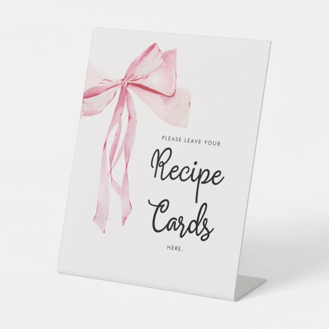 Pink Bow Recipe Cards Bridal Shower Pedestal Sign (Front)