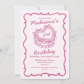 Pink Bow Retro Heart Coquette Cake 21st Birthday Invitation