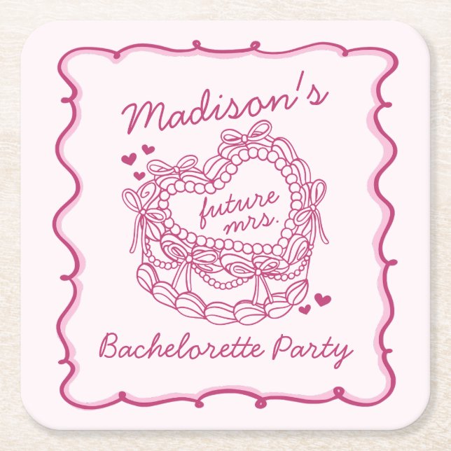 Pink Bow Retro Heart Coquette Cake Bachelorette Square Paper Coaster (Front)