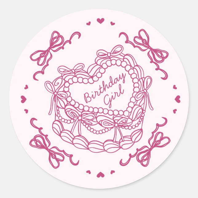 Pink Bow Retro Heart Coquette Cake Birthday Girl Classic Round Sticker (Front)