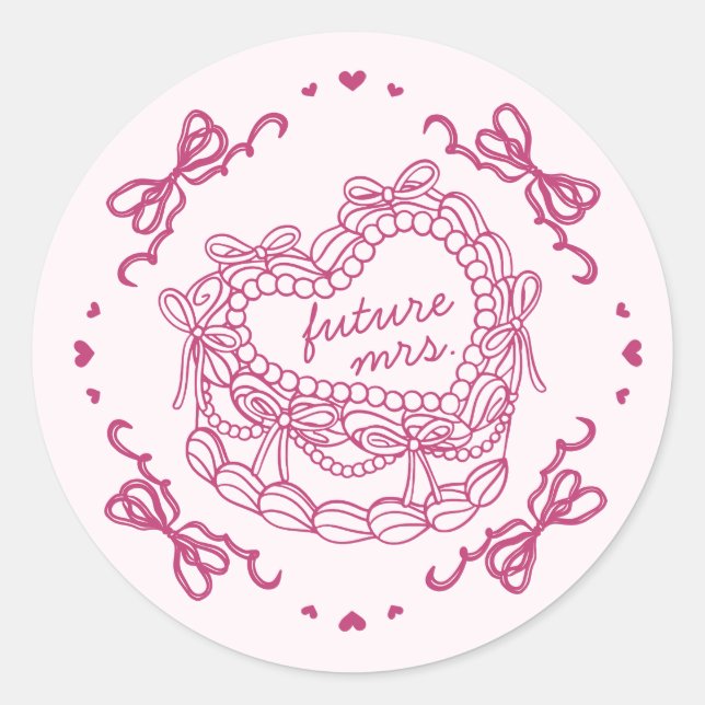 Pink Bow Retro Heart Coquette Cake Bridal Shower Classic Round Sticker (Front)