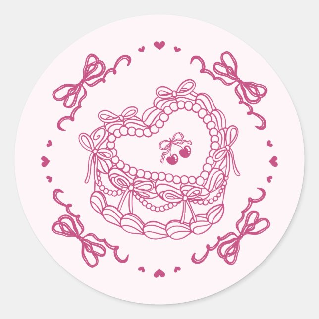 Pink Bow Retro Heart Coquette Cake Envelope Classic Round Sticker (Front)