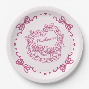 Pink Bow Retro Heart Coquette Cake Personalised Paper Plate