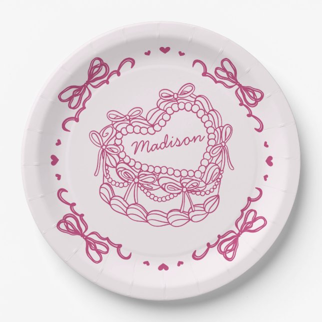 Pink Bow Retro Heart Coquette Cake Personalised Paper Plate (Front)