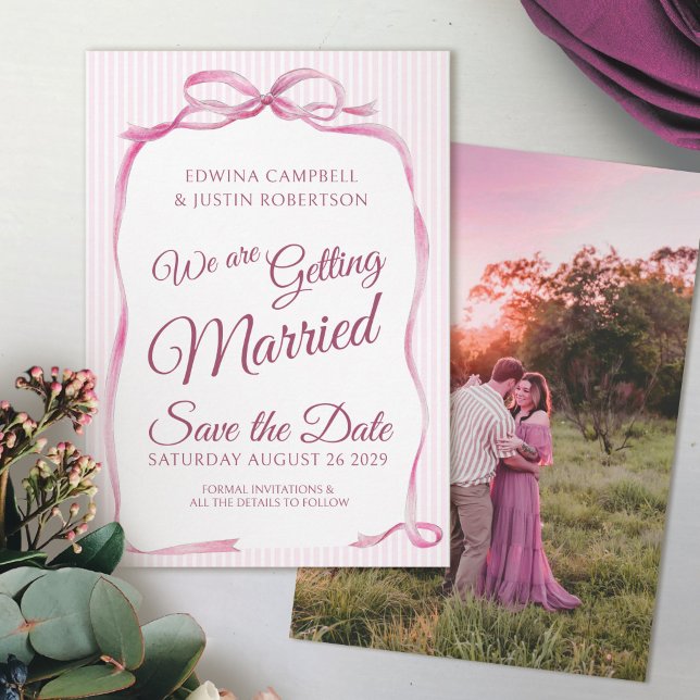 Pink bow ribbon art stripes save the date cards (Creator Uploaded)