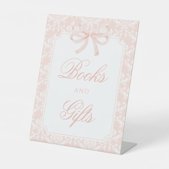 Pink bow ribbon baby shower Books and Gifts sign (Front)
