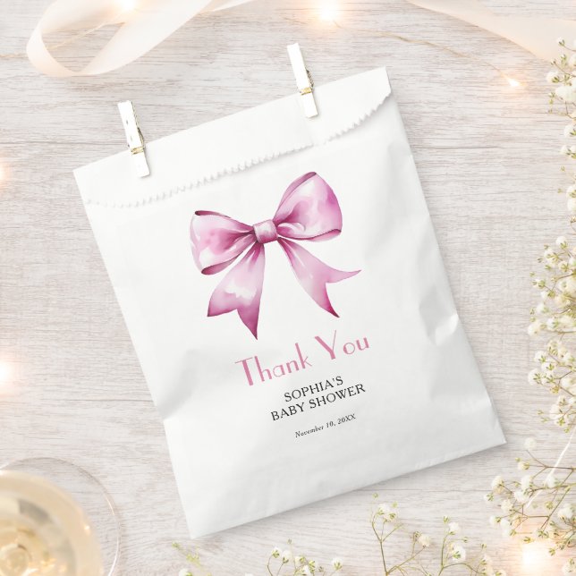 Pink Bow Ribbon Baby Shower Favour Bag (Clipped)