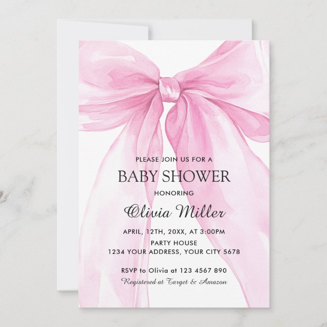 Pink Bow Ribbon Baby Shower Invitation (Front)