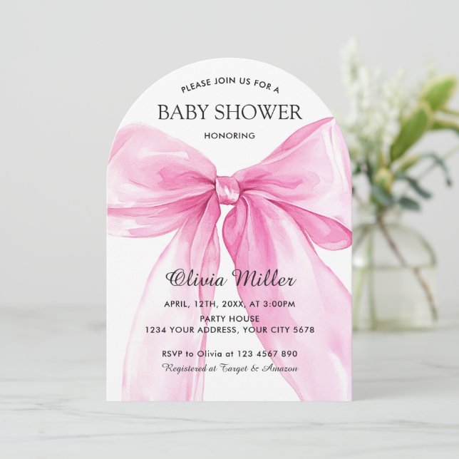 Pink Bow Ribbon Baby Shower Invitation (Standing Front)