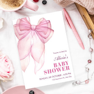 Pink bow ribbon baby shower invitation