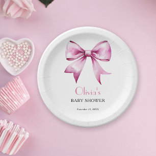 Pink Bow Ribbon Baby Shower Paper Plate