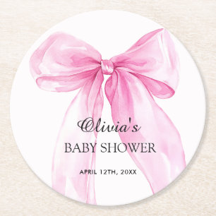 Pink Bow Ribbon Baby Shower Round Paper Coaster