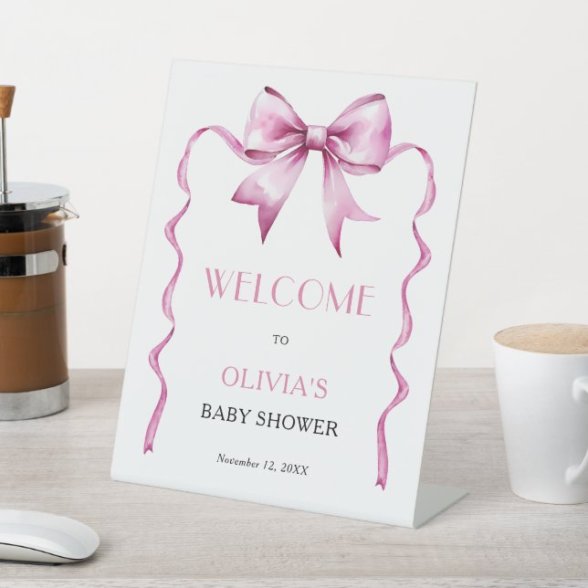 Pink Bow Ribbon Baby Shower Welcome  Pedestal Sign (In SItu)