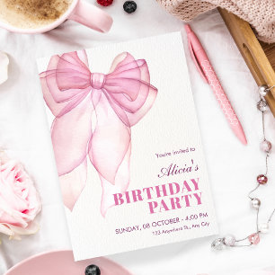Pink bow ribbon birthday invitation