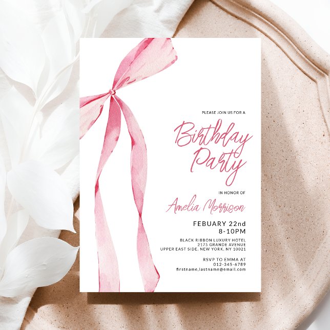 Pink Bow Ribbon Birthday Party Celebration Script Invitation (Creator Uploaded)