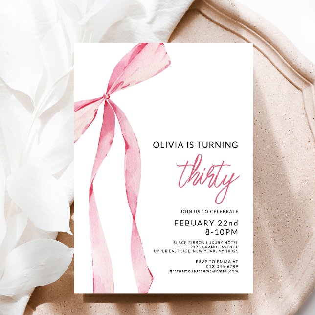 Pink Bow Ribbon Birthday Party Celebration Script Invitation (Creator Uploaded)