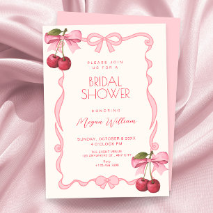 Pink bow ribbon cherry bridal shower invitation