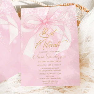 Pink Bow Ribbon Coquette Bat Mitzvah Invitation