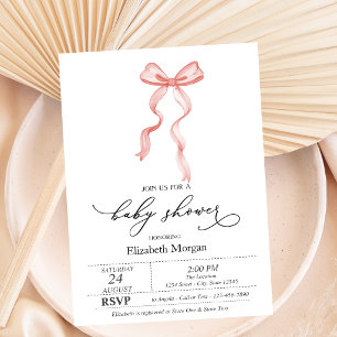 Pink Bow Ribbon Dots Baby Shower Invitation