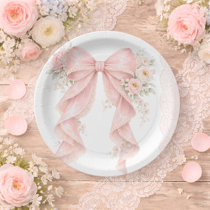 Pink Bow Ribbon Floral Lace Baby Shower Paper Plate