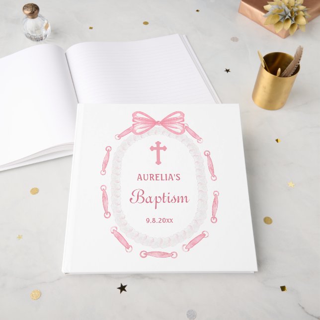 Pink Bow Ribbon Frame Baptism Guest Book (Front Open)