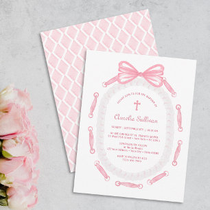 Pink Bow Ribbon Frame Baptism Invitation