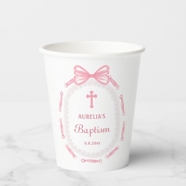 Pink Bow Ribbon Frame Baptism Paper Cups (Front)