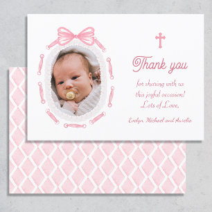 Pink Bow Ribbon Frame Baptism Thank You Card