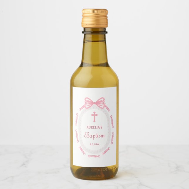 Pink Bow Ribbon Frame Baptism Wine Label (Front)