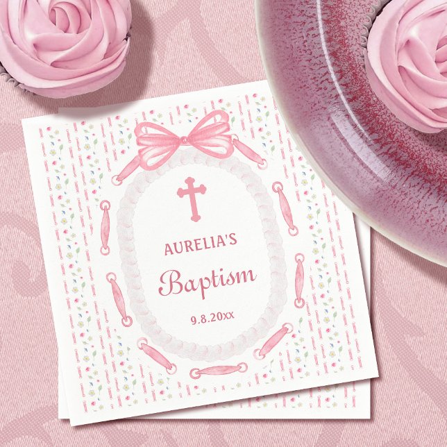 Pink Bow Ribbon Frame Floral Baptism Napkin (Creator Uploaded)