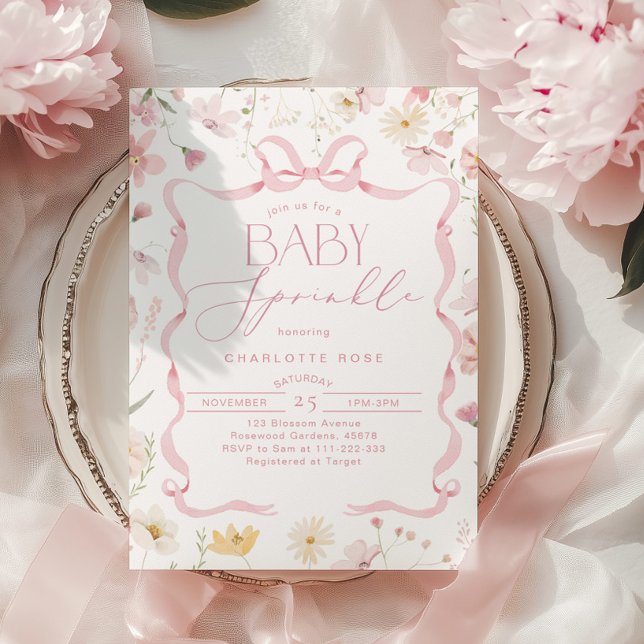 Pink Bow ribbon frame Wildflower Baby Sprinkle Invitation (Creator Uploaded)