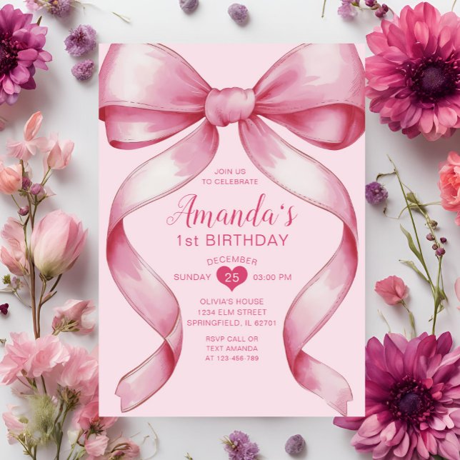 Pink Bow Ribbon Minimalist Girl's Birthday Invitation (Creator Uploaded)