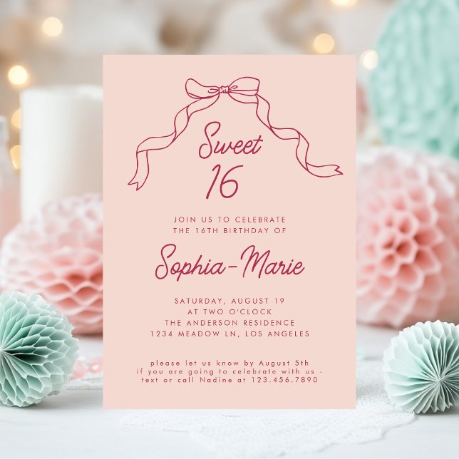 Pink Bow Ribbon Modern Sweet 16 Birthday Invitation (Creator Uploaded)