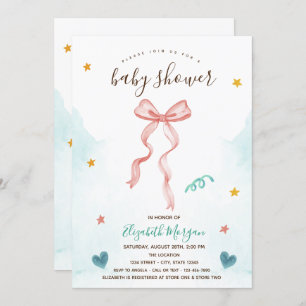Pink Bow Ribbon Stars Hearts Baby Shower   Invitation