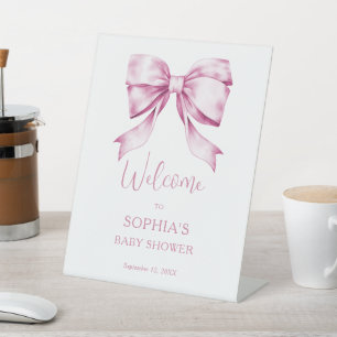 Pink Bow Ribbon Vintage Baby Shower Welcome Pedestal Sign