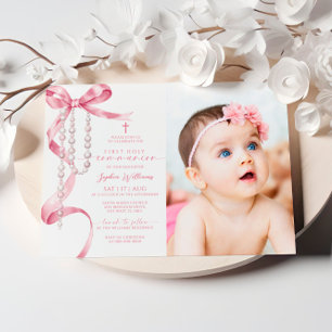 Pink Bow & Rosary Photo First Holy Communion Invitation