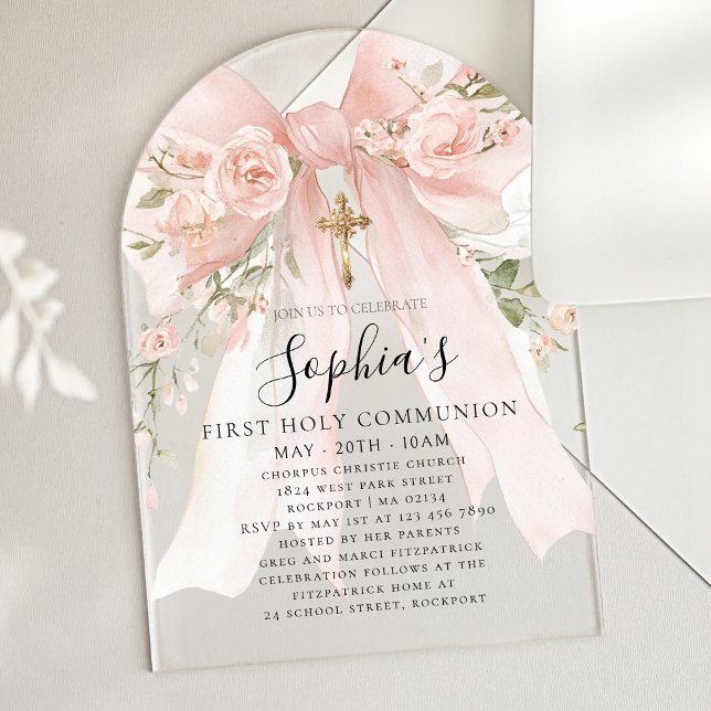 Pink Bow Rose Floral Girl First Communion Arch Acrylic Invitations (Creator Uploaded)
