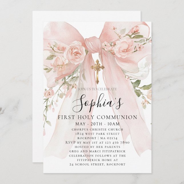 Pink Bow Rose Floral Girl First Communion Invitation (Front/Back)