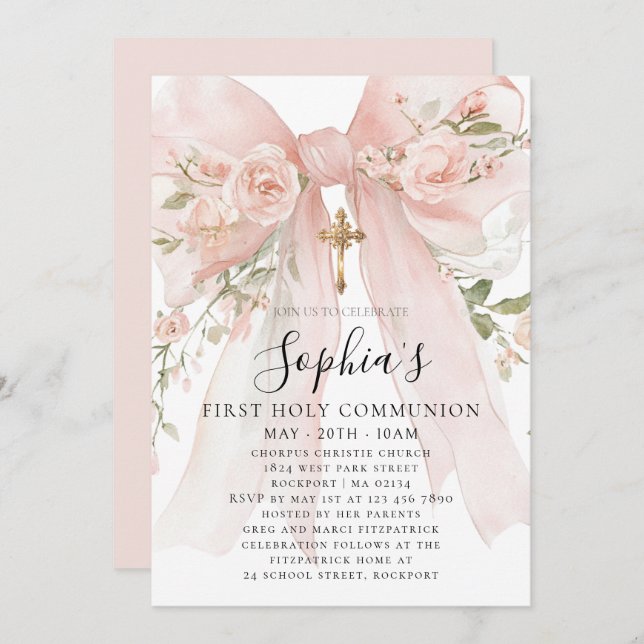 Pink Bow Rose Floral Girl First Communion Invitation (Front/Back)