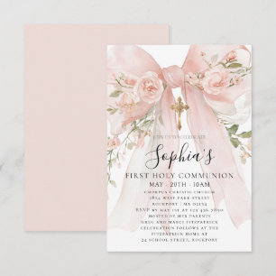 Pink Bow Rose Floral Girl First Communion Invitation