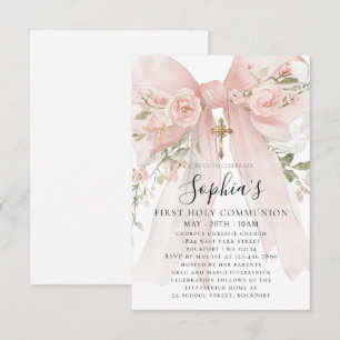 Pink Bow Rose Floral Girl First Communion Petite Invitation
