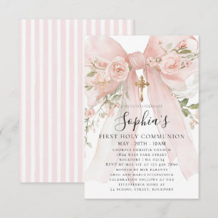 Pink Bow Rose Floral Girl First Communion Petite Invitation
