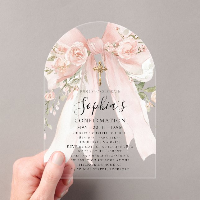 Pink Bow Rose Floral Girl's Confirmation Arch Acrylic Invitations (Insitu (Handheld))
