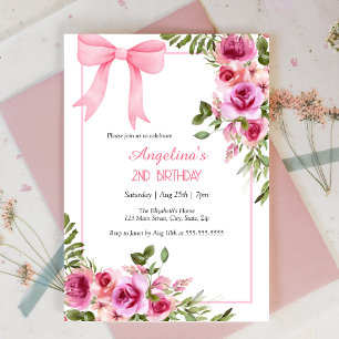 Pink Bow Rose Floral Greenery Girls Birthday Invitation