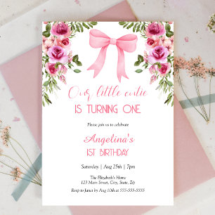Pink Bow Rose Floral Little Cutie Birthday Invitation