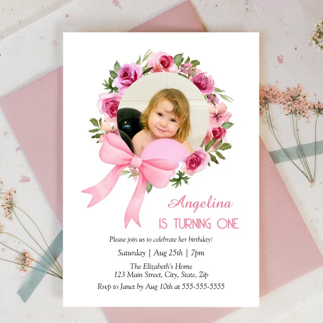 Pink Bow Rose Floral Wreath Photo Birthday Invitation (Creator Uploaded)