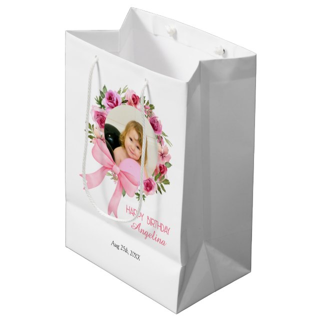 Pink Bow Rose Floral Wreath Photo Birthday Medium Gift Bag (Front Angled)