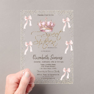Pink Bow Royal Crow Confetti Sweet 16 Acrylic Invitations