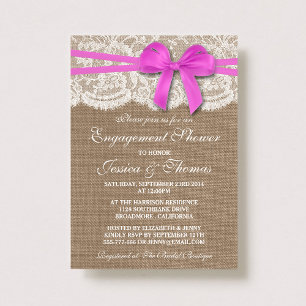 Pink Bow Rustic Burlap & Lace Engagement Shower Invitation